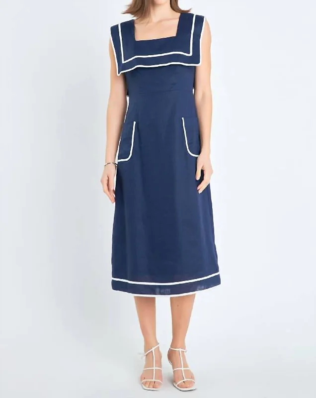 Timeless Women's Apparel Evening Elegance Square Neckline Midi Dress In Navy