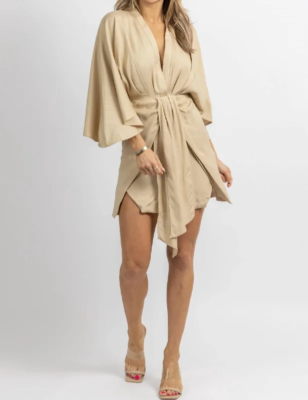 Sustainable Fashion Clothing For Women Fashion-Forward Linen Dolman Sleeve Mini Dress In Taupe