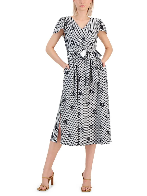 Women's Travel Outfit Set Hot Trends Womens Gingham Slit Midi Dress