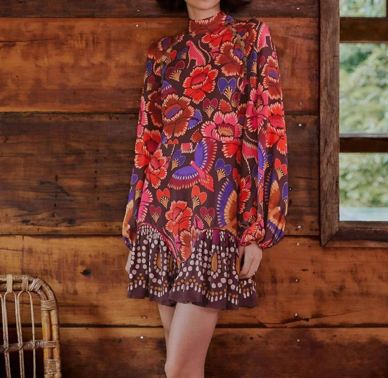 Women's Transitional Garments Wardrobe Upgrade Brown Bright Flora Long Sleeve Mini Dress In Patterned