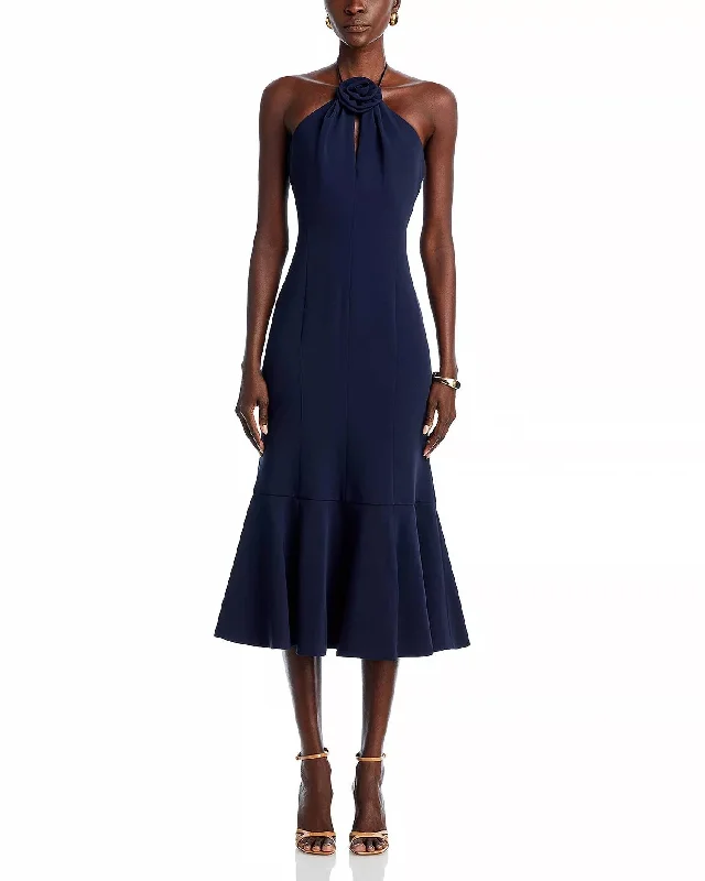 Women's Outerwear Attire Huge Savings On Parisian Styles Crepe Flower Jennie Midi Dress In Navy