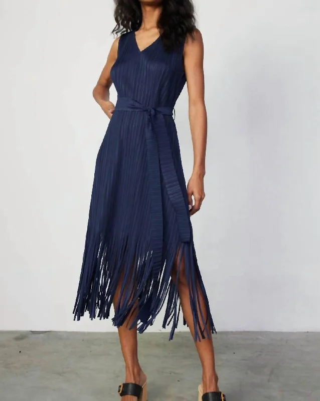 Women's Resort Attire Beat The Heat In Tropical Styles Regina Pleated Fringe Hem Midi Dress In Navy