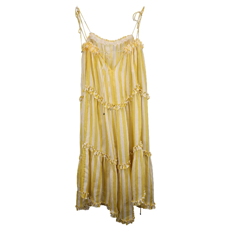 Charming Women's Holiday Apparel Wardrobe Upgrade Zimmermann Lumino Asymmetric Ruffled Striped Midi Dress In Yellow Linen