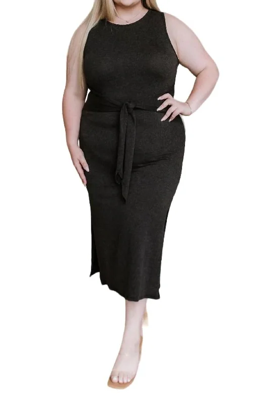 Women's Sporty Chic Clothes Style Upgrade Out On The Town Tie Detail Midi Dress In Charcoal