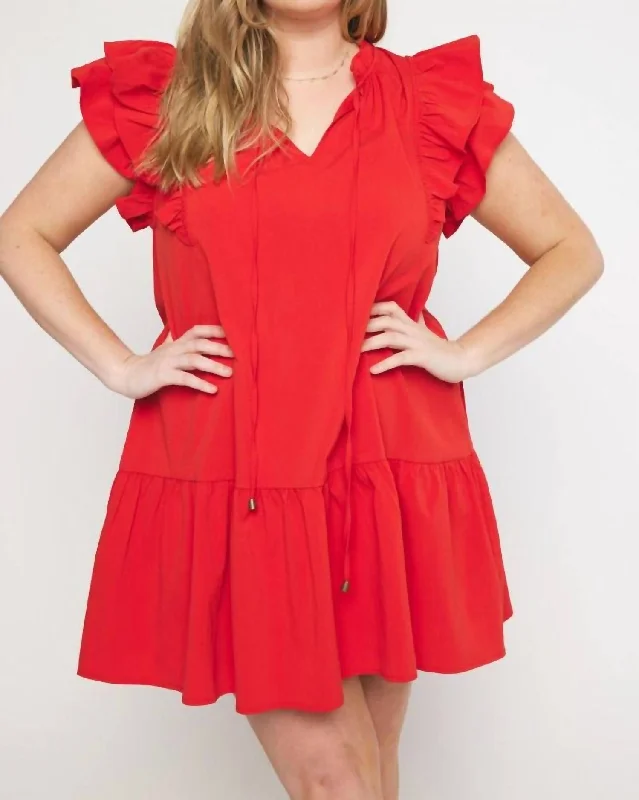 Women's Activewear Apparel Clearance Event Ruffle Sleeve Mini Dress In Red