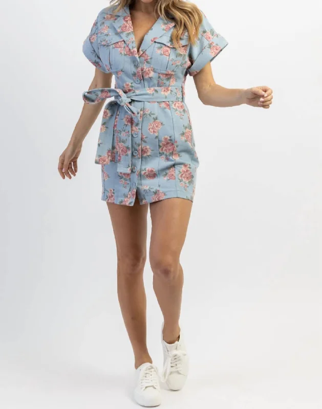 Stylish Women's Outfit Pastel Styles Denim Belted Mini Dress In Fleur