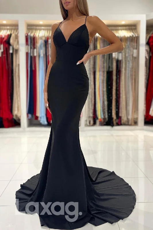 Women's Chic Apparel Chic Style 21828 - Spaghetti V Neck Classic Satin Black Mermaid Prom Evening Dress