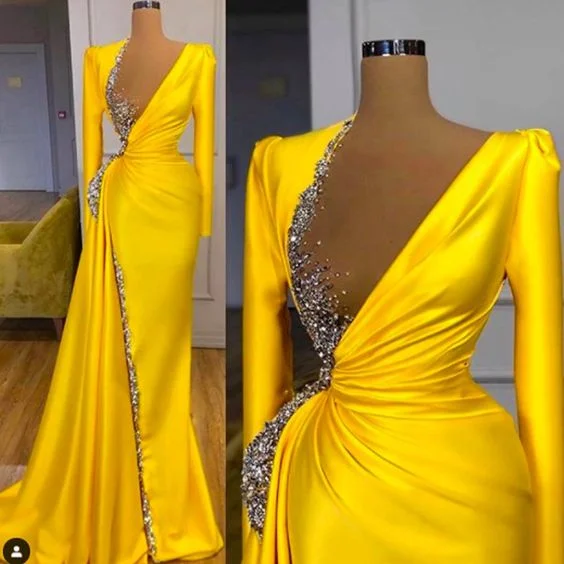 Women's Activewear Outfit Trendy Styles yellow prom dresses 2021 pleats crystal long sleeve a line gold long evening dresses gowns   cg12325