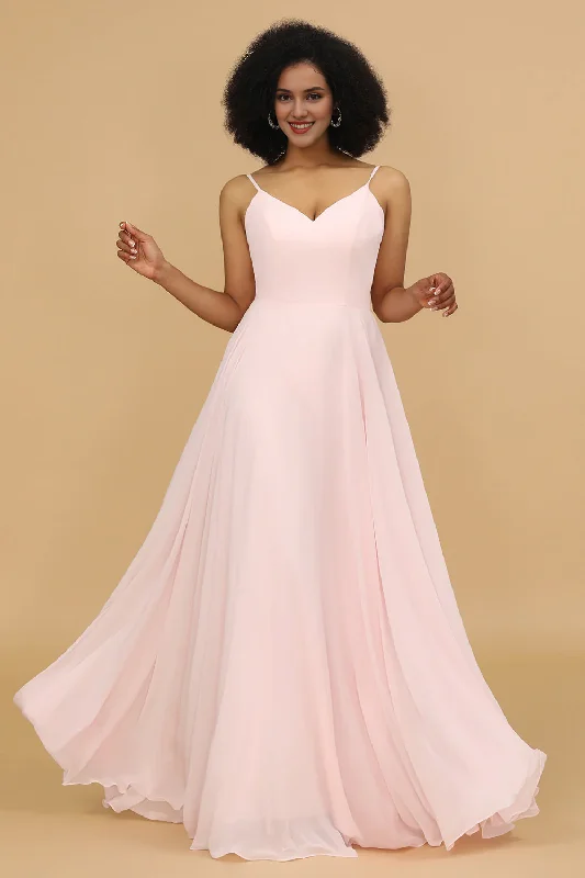 Timeless Women's Outfit Stylish Looks Pink A-line slim shoulder chiffon long bridesmaid dress