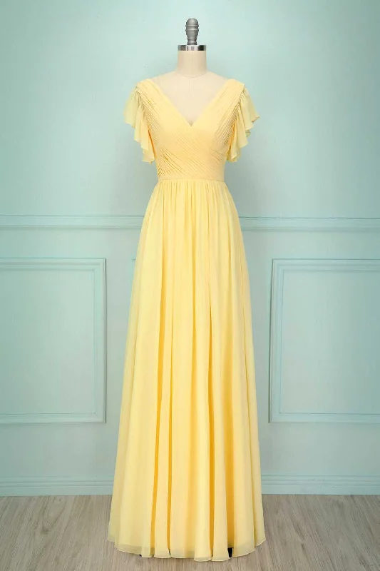 Women's Evening Clothes Limited Quantities Yellow V-Neck Ruffled Pleated Bridesmaid Dress