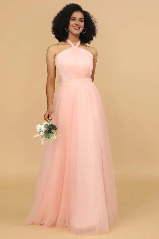 Charming Women's Outfit For Special Occasions Fashionista Favorites Powder blusher A-shaped neck and floor tulle bridesmaid dress