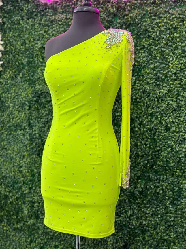 Women's Travel Garments Summer Fashion Johnathan Kayne 2785 Size 4 Neon Green Short One shoulder long sleeve crystal Cuff Dress  stoned bodice short homecoming dress