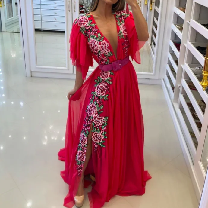 Women's Activewear Apparel Flash Deals red prom dresses 2020 flowers embroidery beading side slit short sleeve beading sequins side slit floor length evening dresses gowns  cg13807