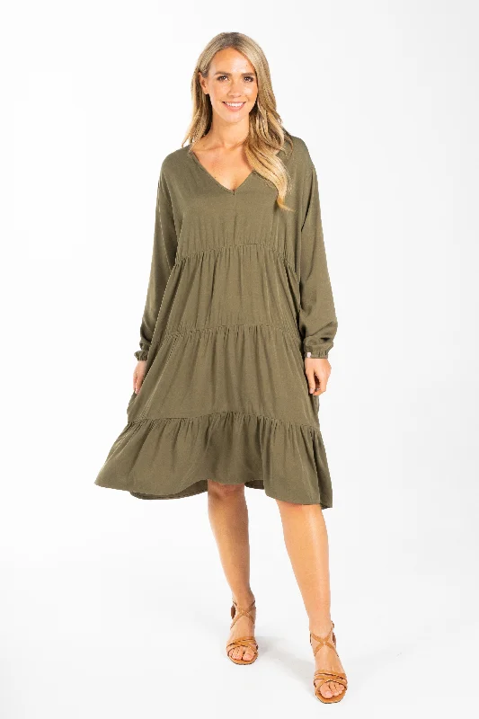 Women's Casual Wear Clothes Exclusive Discount Long Sleeve Chic Dress | Khaki | FINAL SALE