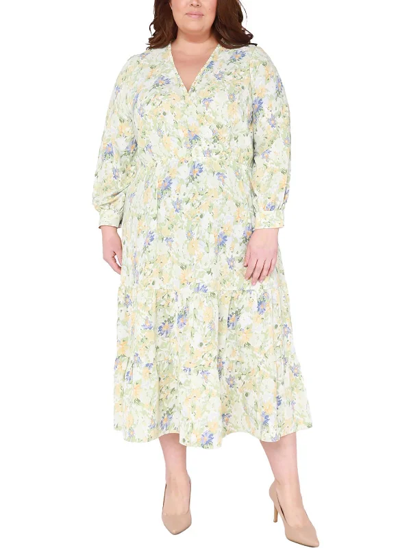 Women's Apparel And Garments Mother'S Day Special Plus Womens Surplice Neckline Polyester Midi Dress