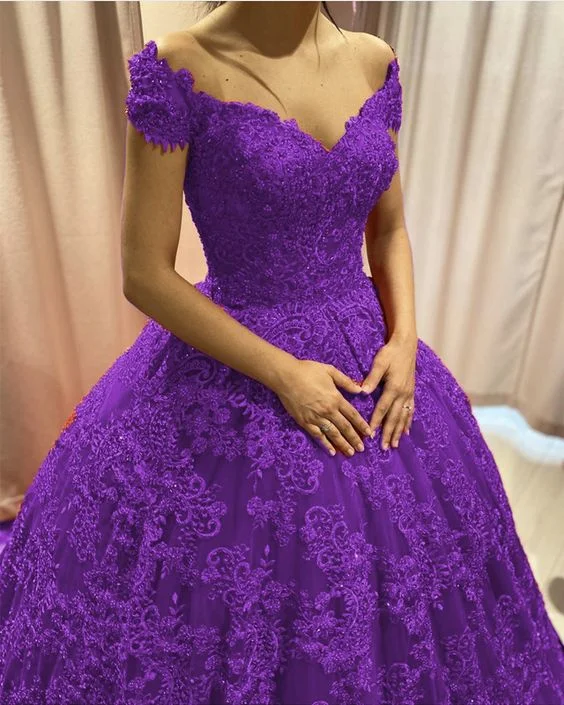 Casual Garments For Women Chic Style Purple Lace Ball Gown Quinceanera prom Dresses Elegant V Neck Off The Shoulder   cg14372