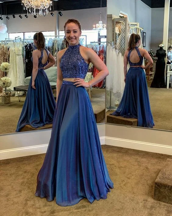 Women's Plus-Size Outfit Hot Styles Navy Blue Prom Dress,Two Piece Prom Dresses,Ball Gown Prom Dress   cg12213