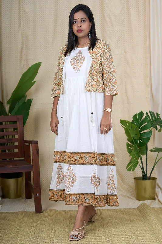 Formal Garments For Women Budget-Friendly Fashion Elegant White Cotton Gown with Hand Block Print and Jacket