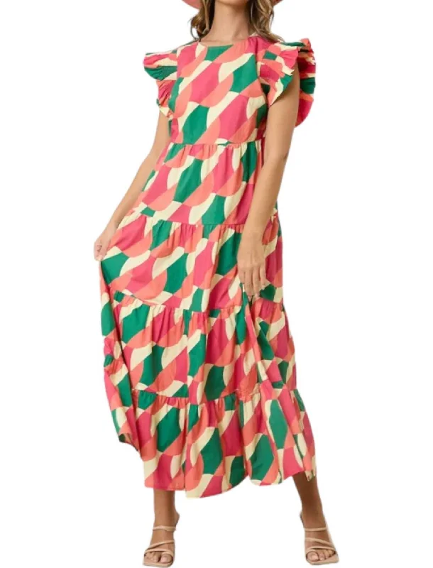 Stylish Women's Garments Stylish Savings Slice Of Summer Midi Dress In Green And Coral