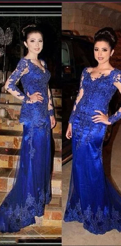 Vintage Clothing For Women Evening Elegance Royal-Blue Long-Sleeve Prom Dress | Mermaid Lace Evening Gowns   cg15445