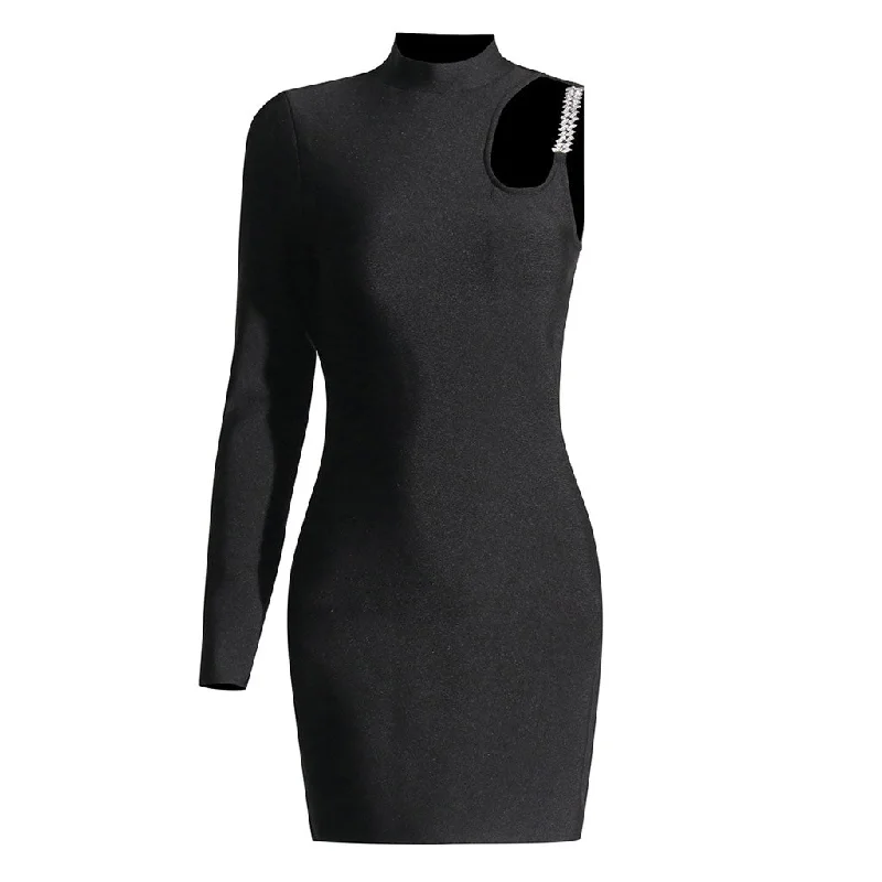 Women's Transitional Apparel Fashionista Favorites Asymmetric One Shoulder Rhinestone Cutout Bandage Bodycon Mini Dress