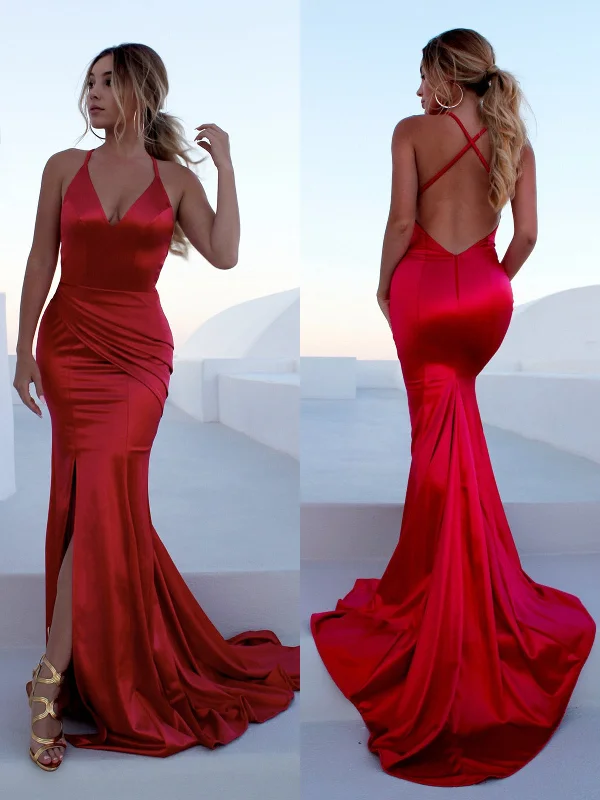 Women's Party Outfit Fashion-Forward Outfits Red Mermaid Backless Satin Long Prom Dresses with Leg Slit Train, Red Mermaid Formal Dresses, Red Evening Dresses