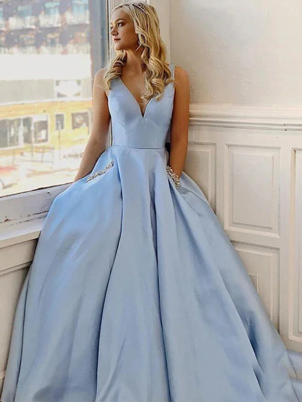 Women's Work Outfit Cool Prices Simple V Neck Light Blue Satin Long Prom Dresses, V Neck Light Blue Formal Graduation Evening Dresses SP2301