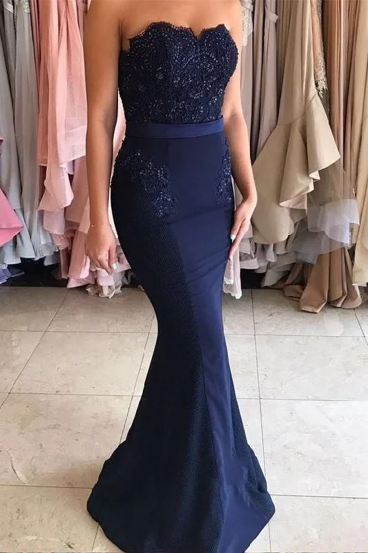 Classic Clothes For Women Spring Wardrobe Sweetheart Lace Appliques Mermaid Prom Dress, Navy Long Bridesmaid Dress gh2712