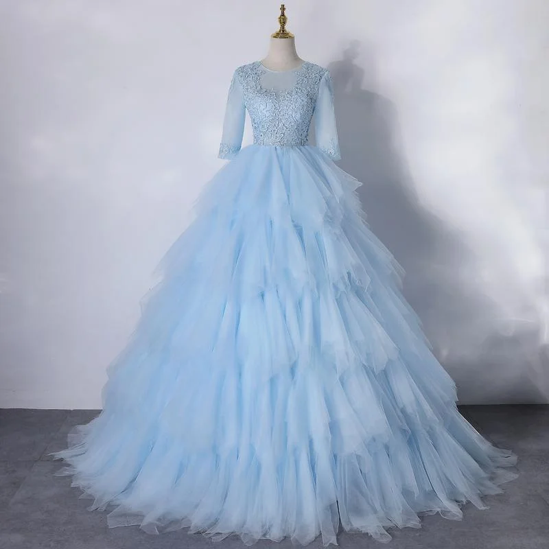 Casual Chic Clothing For Women Father'S Day Deals Light Blue Layers Tulle With Lace Princess Gown, Short Sleeves Ball Gown Sweet 16 prom Dress   cg15122