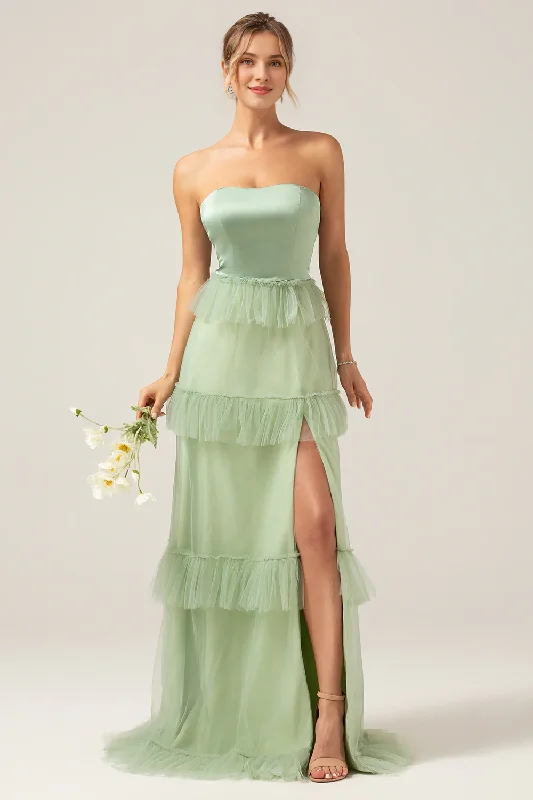 Women's Clothing For Holiday Travel Fashion Essentials Matcha A-line layered strapless layered long slit bridesmaid dress