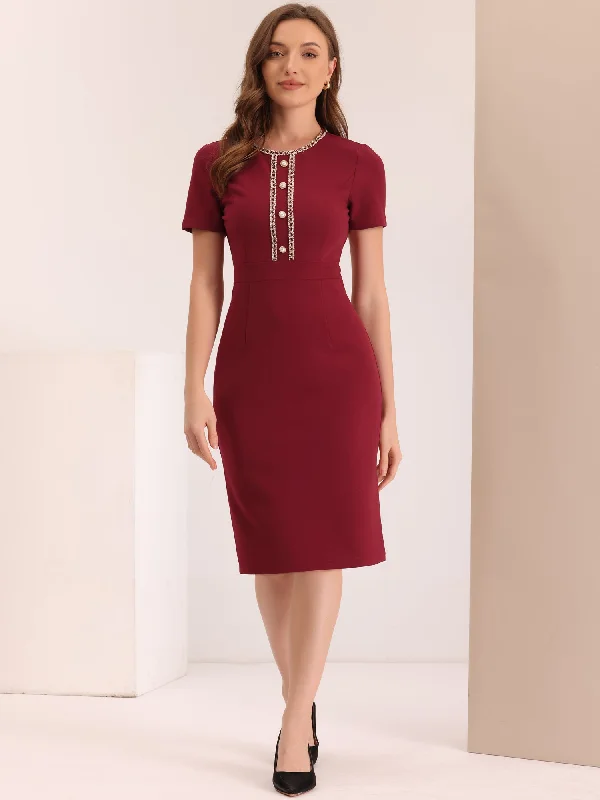 Women's Seasonal Clothing Chic Outfits Short Sleeve Button Decor Bodycon Sheath Work Midi Dress