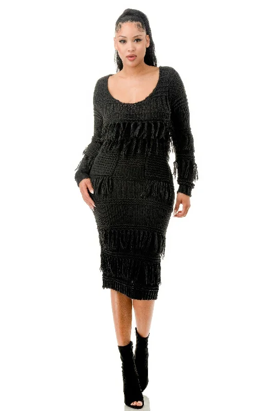 Charming Women's Garments Limited-Time Offer Knit Long Sleeve Fringe Dress