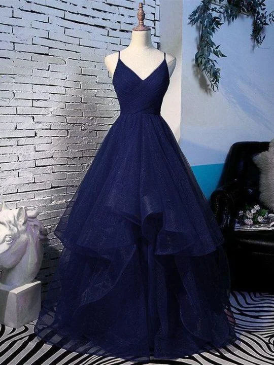 Comfortable Outfit For Women Wardrobe Refresh Charming Spaghetti Strps Navy Blue Prom Dress 2021, Tulle Layers Long Evening Gown   cg12587