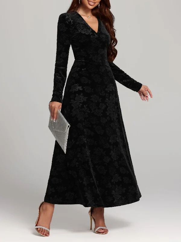 Women's Holiday Outfit Chic Style Rose Print V-Neck Long Sleeve Dress