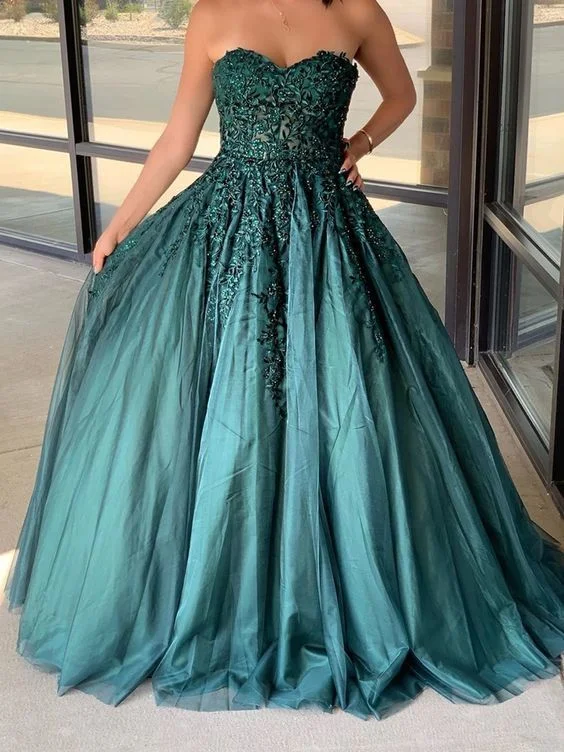 Women's Garments Summer Essentials Dark Green Sweetheart Appliques Prom Dress Beaded Ball Gowns Long Evening Dress   cg14379