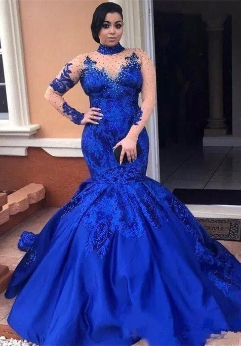 Women's Trendy Garments Trendy Styles Royal-Blue Long-SleeveProm Dress | Mermaid Lace Evening Gowns    cg14311