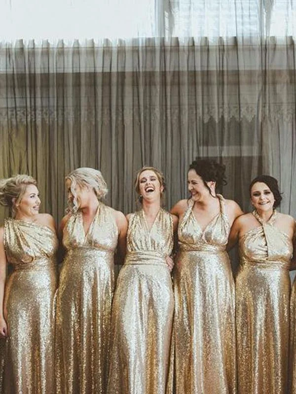 Charming Women's Holiday Apparel Season Sale Convertible Gold Sequin Long Bridesmaid Dresses