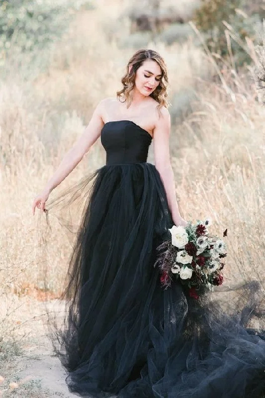 Women's Layered Outfit Mother'S Day Special Black Wedding Dresses UK Strapless with Detachable Train