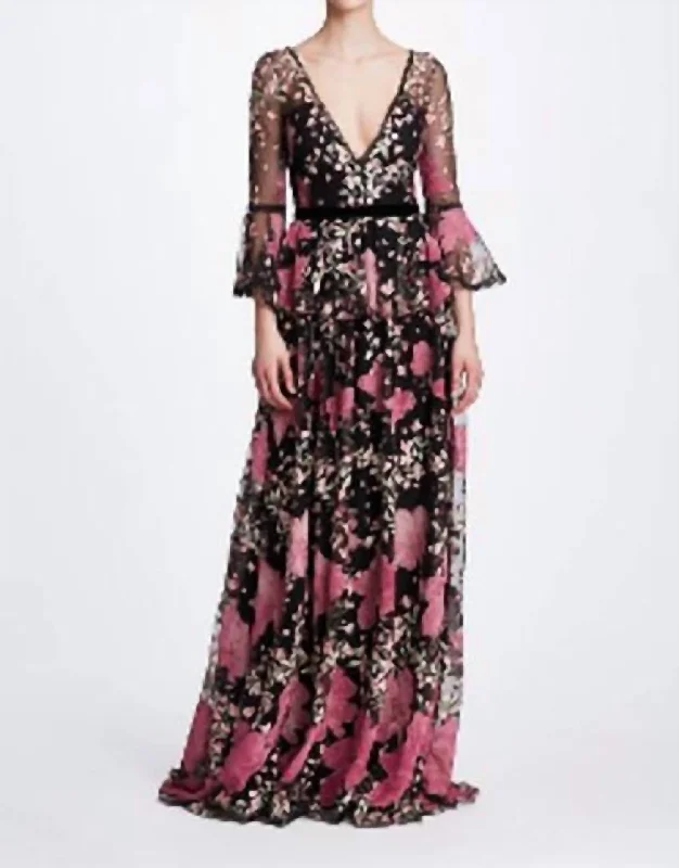 Women's Outfit For The Office Fashionista Favorites Bell Sleeve V Neck Floral Gown In Black