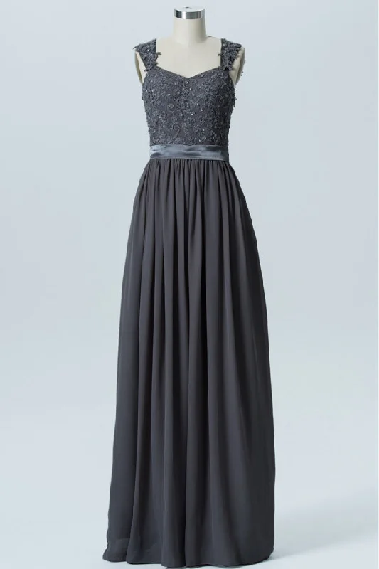 Women's Holiday Apparel Style Upgrade Charcoal Grey Wide Straps Embroidered Bridesmaid Dress