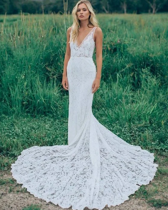 Women's Outfit For The Office Casual Chic Hot Simple Lace Boho Beach Wedding Dresses V Neck Long Bridal Gown