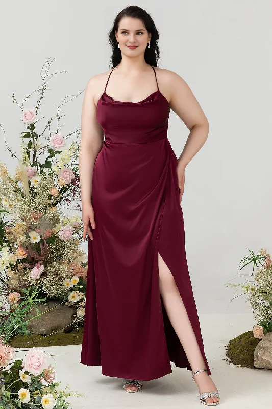 Women's Trendy Attire Holiday Sale Wine red A-line hanging neck satin plus slit bridesmaid dress