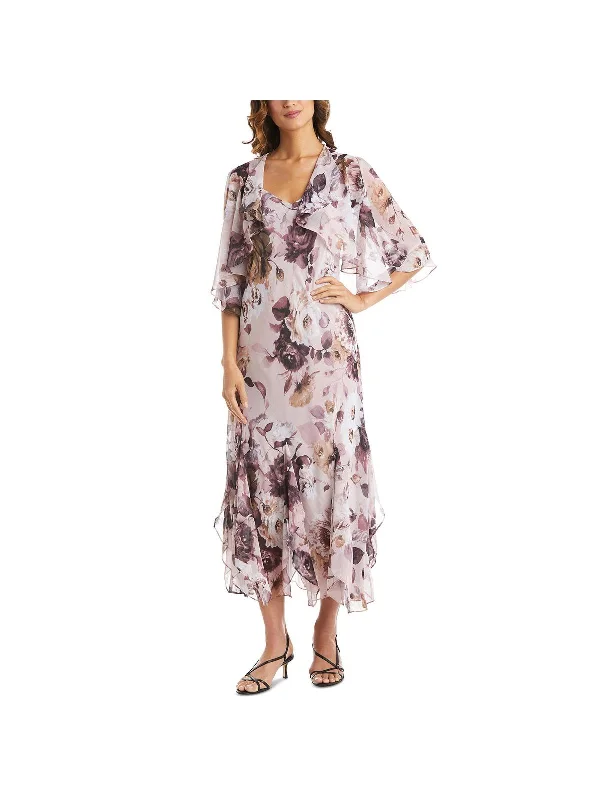 Women's Plus-Size Attire Clearance Event Womens Floral Flounce Two Piece Dress