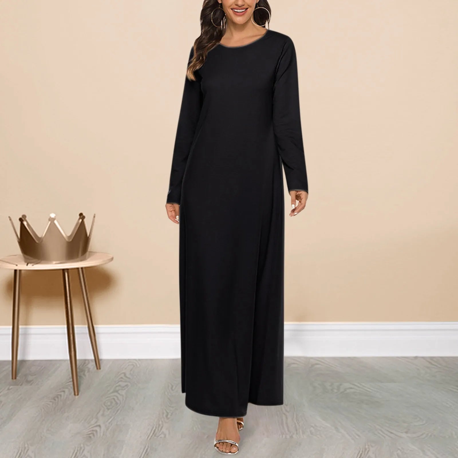 Sustainable Fashion Clothing For Women Wardrobe Update JuliaFashion - Elegant Long 2024 Casual Solid Color Loose Muslim Abaya Islamic Round Neck Long Sleeve Under Dress