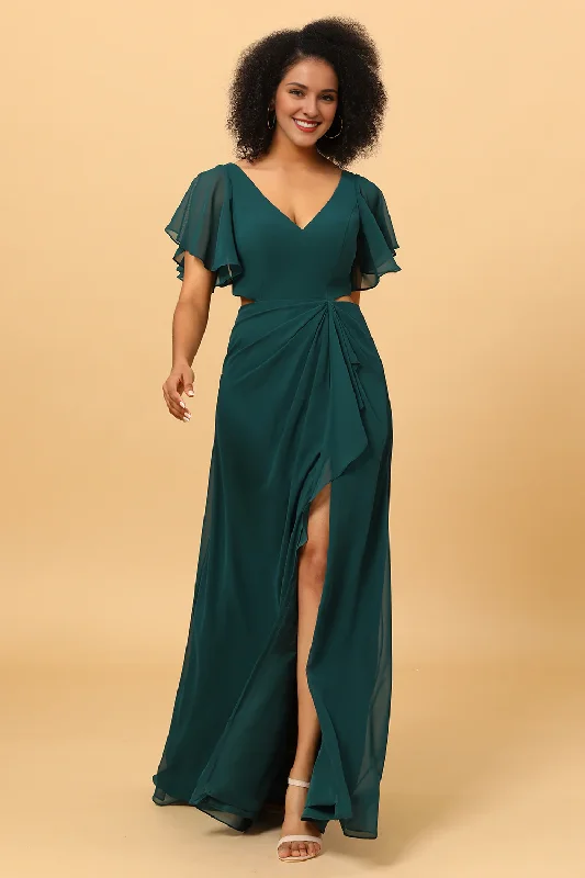 Women's Relaxed Outfit Budget-Friendly Fashion Pine V-neck short sleeved chiffon bridesmaid dress