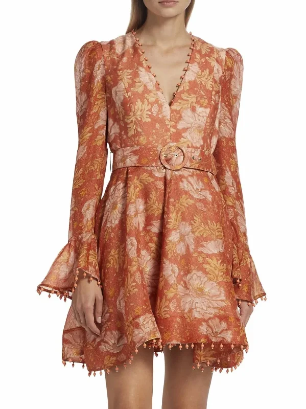 Women's Chic Outerwear Attire Special Occasion Wear Kaleidoscope Mini Dress in Amber Floral