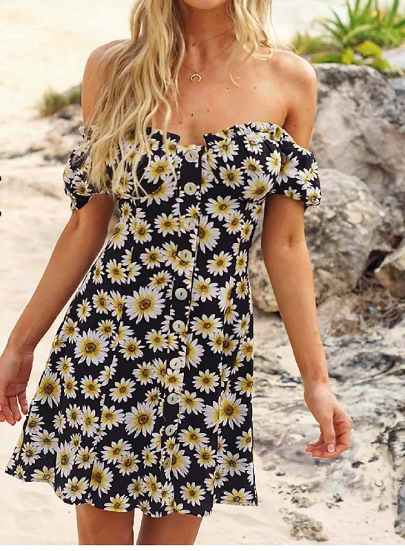 Tailored Clothing For Women Save On Inspired Styles The Connie Dress In Black, Yellow, White Daisy Floral