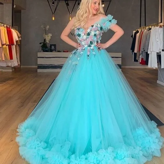 Women's Professional Apparel Best-Sellers One Shoulder Prom Dresses Blue Ruffle One Shoulder Hand Made Flowers Tulle Ball Gown Evening Dresses    cg13538