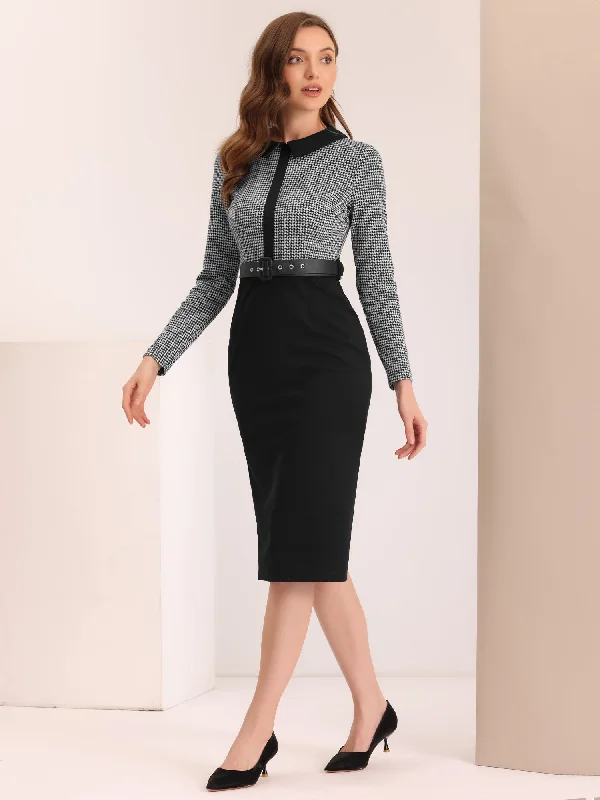 Charming Everyday Clothing For Women Last Chance Sale Long Sleeve Contrast Placket Houndstooth Print Bodycon Dress