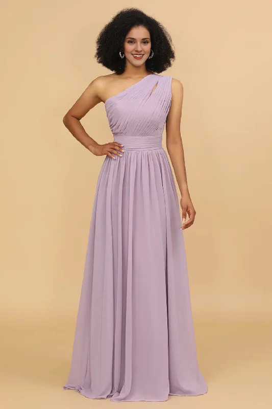 Modern Women's Outfit Style Upgrade Light purple A-line shoulder long chiffon ruffled bridesmaid dress